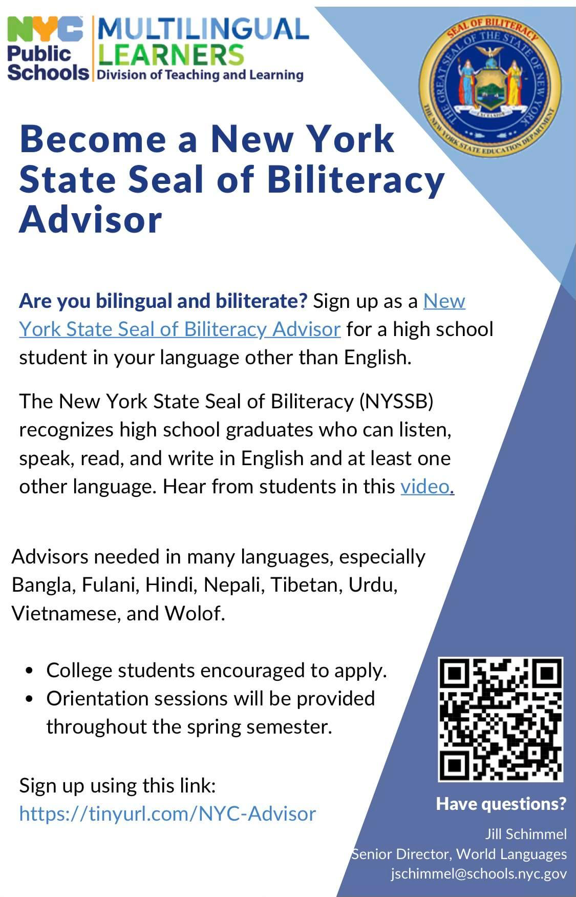 NYC DOE is looking for New York State Seal of Biliteracy (NYSSB